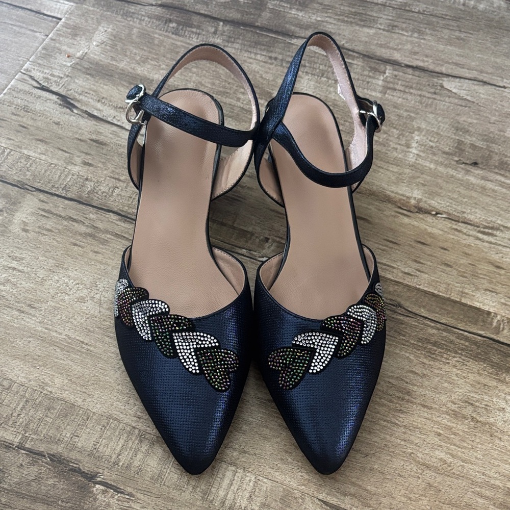 Elegant Metallic Navy Embellished Ankle Strap Sandal Heels